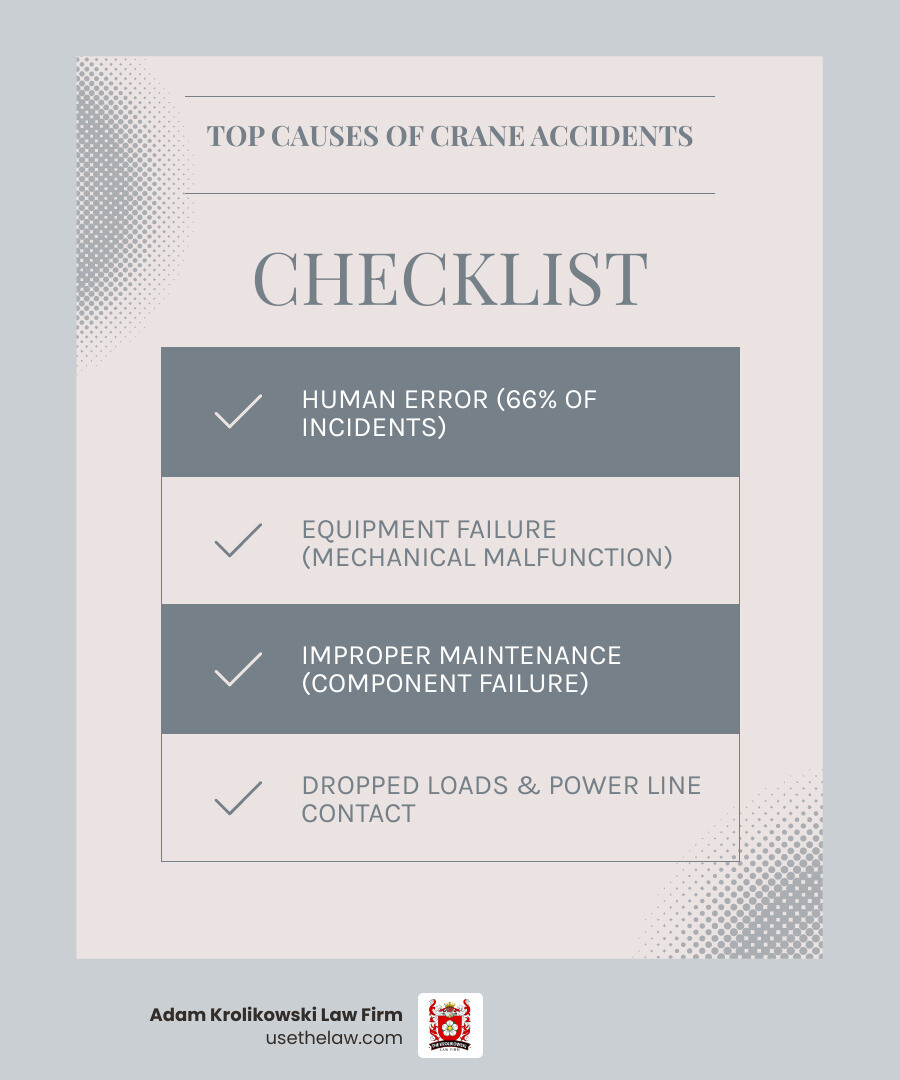 Infographic explaining the top 3 causes of crane accidents with key statistics - Crane accident attorney infographic checklist-light-blue-grey Infographic explaining the top 3 causes of crane accidents with key statistics - Crane accident attorney infographic checklist-light-blue-grey