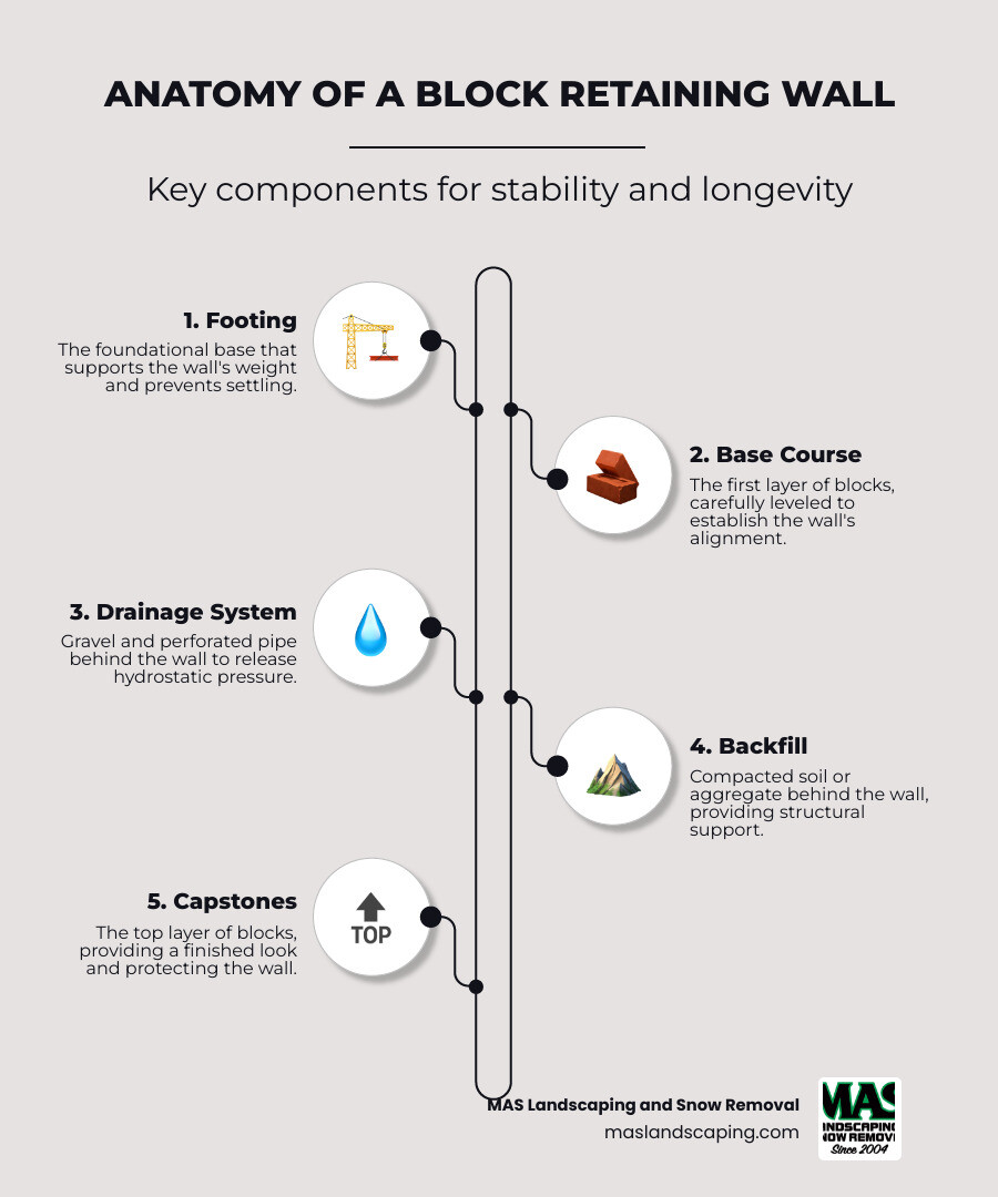 Infographic showing the components of a block retaining wall, including the footing, the base course of blocks, subsequent courses, drainage stone, a perforated drain pipe, compacted backfill soil, and a capstone on top. - block walls infographic infographic-line-5-steps-neat_beige