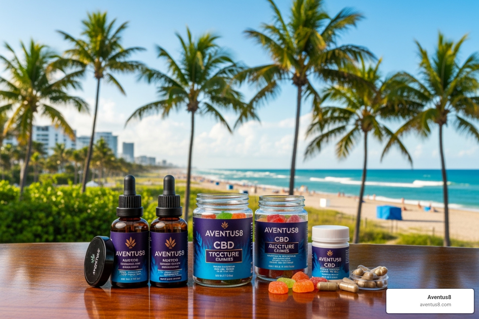 Aventus8 CBD products (oils, gummies, capsules) with a tropical Hollywood, FL background - best cbd for anxiety