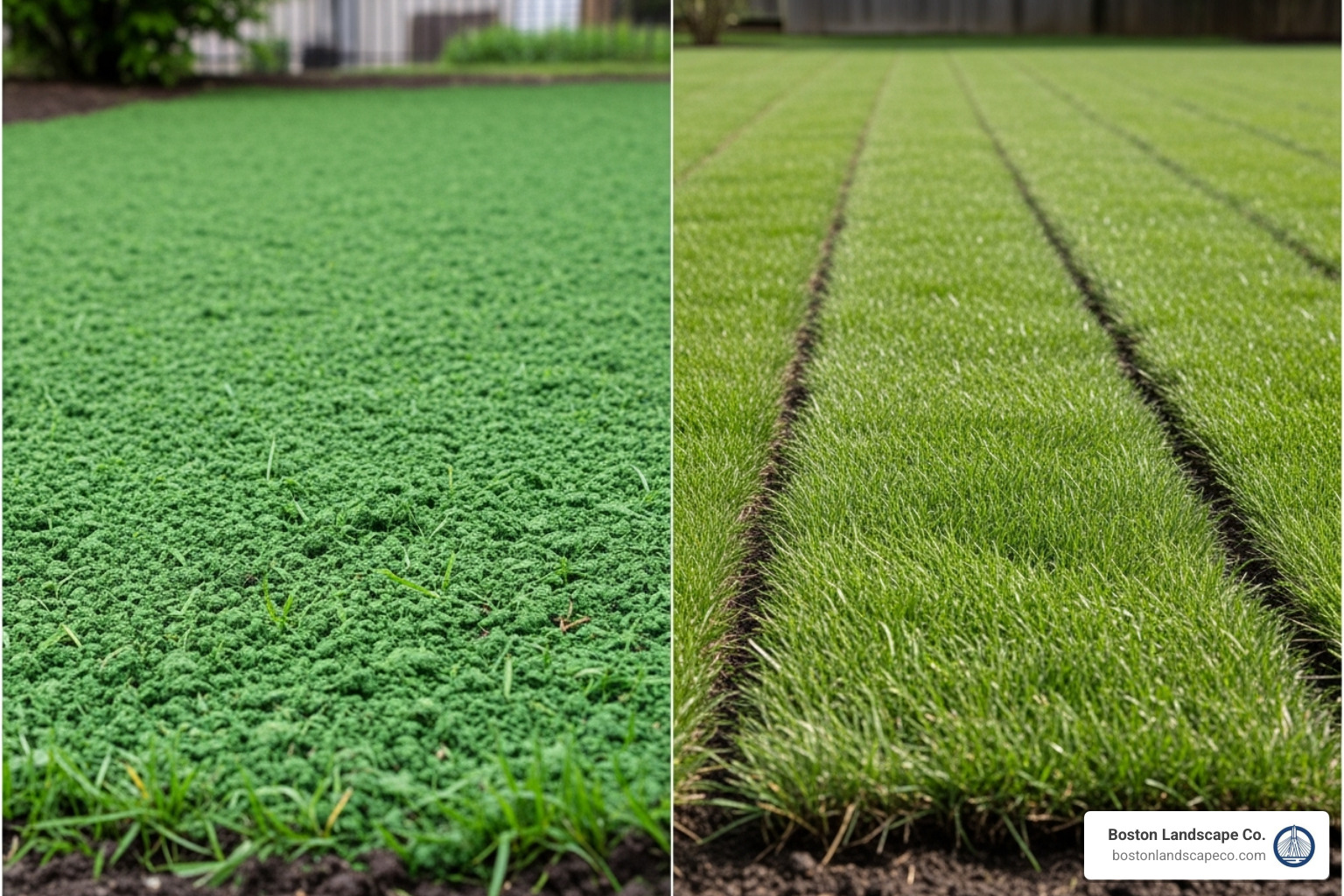 Image showing a side-by-side of a hydroseeded area and a sodded area - cost of hydro seed Image showing a side-by-side of a hydroseeded area and a sodded area - cost of hydro seed