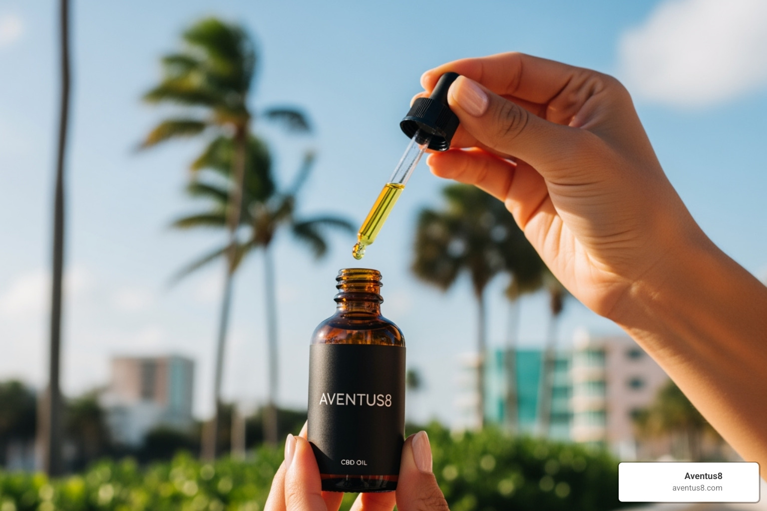 person using an Aventus8 CBD oil dropper in a Hollywood, FL setting - best cbd for anxiety