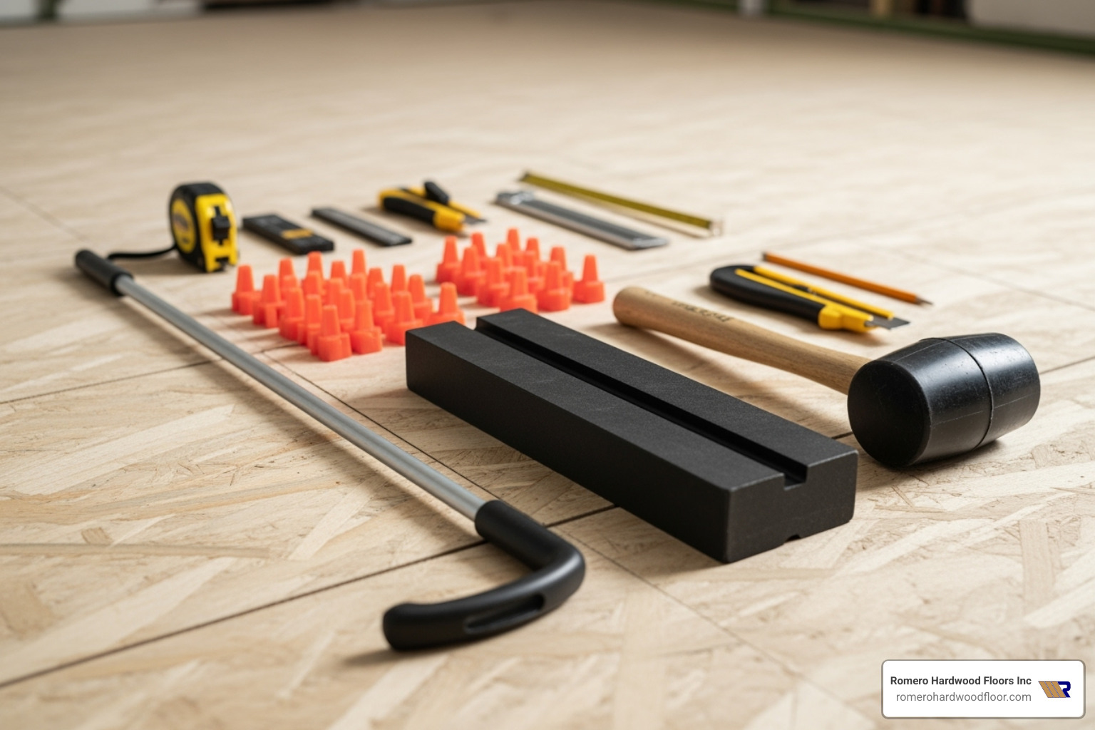 tools needed for floating floor installation laid out on a subfloor - best floating floorboards tools needed for floating floor installation laid out on a subfloor - best floating floorboards
