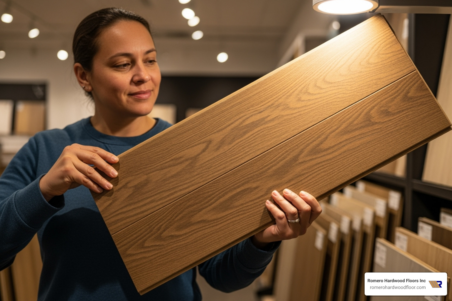 person examining a floating floorboard sample in a showroom - best floating floorboards person examining a floating floorboard sample in a showroom - best floating floorboards