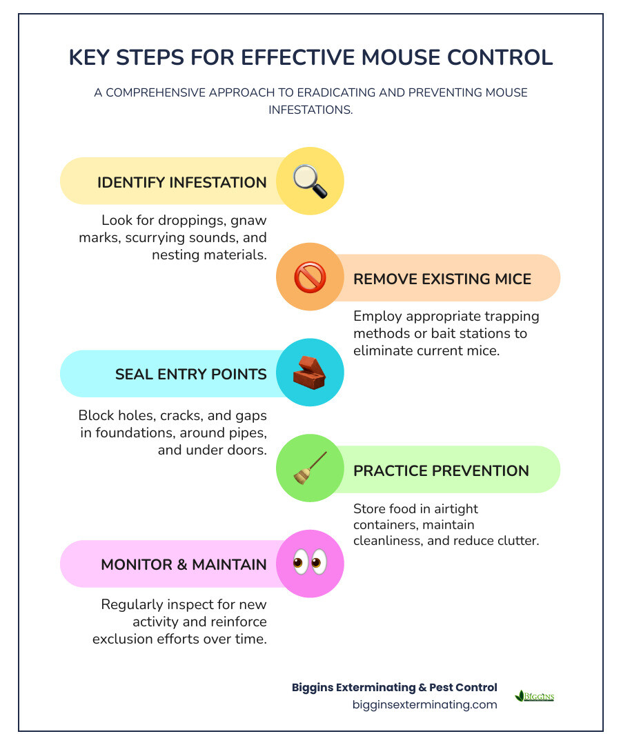 Infographic showing key steps of mouse pest control: identify signs, remove mice, seal entry points, and implement long-term prevention strategies - pest control for mice infographic infographic-line-5-steps-colors