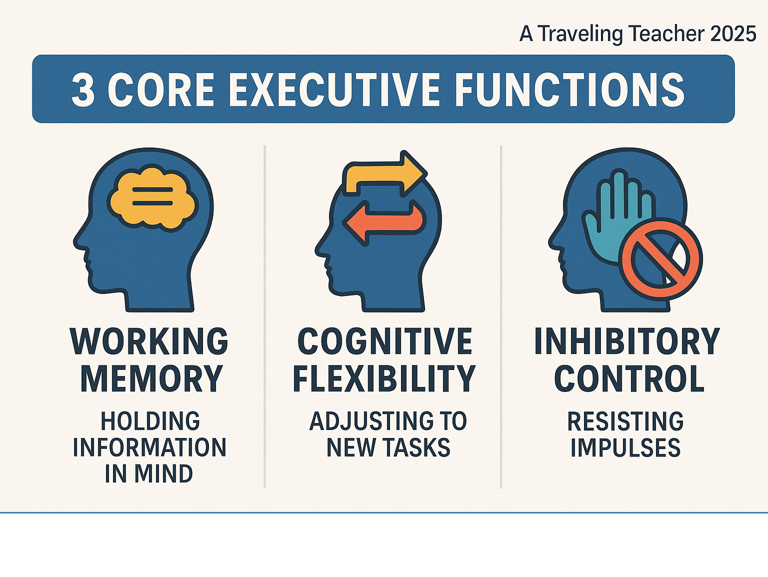 infographic describing the 3 core executive functions: Working Memory, Cognitive Flexibility, and Inhibitory Control - executive function help infographic 