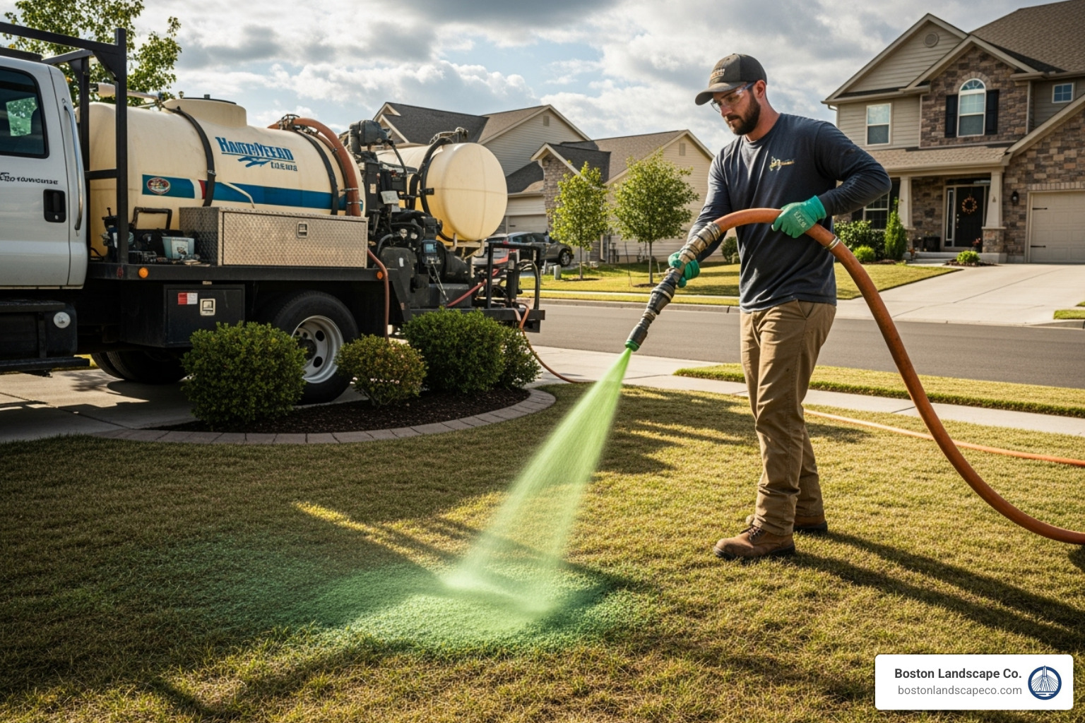 Image of a hydroseeding professional spraying a residential lawn - cost of hydro seed Image of a hydroseeding professional spraying a residential lawn - cost of hydro seed