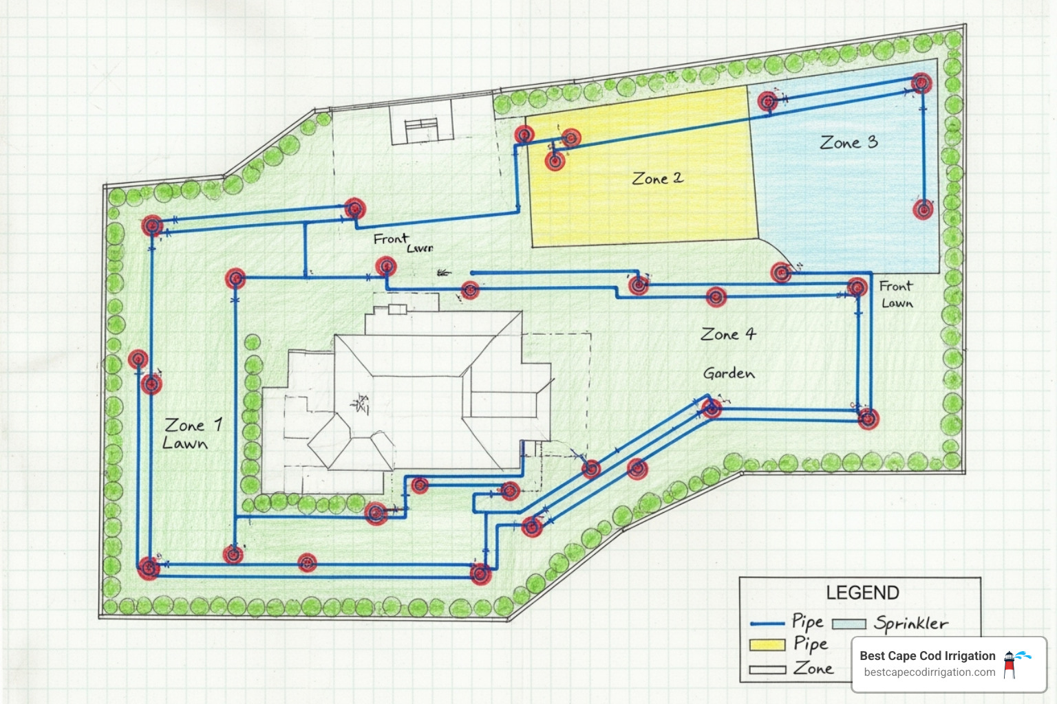 A hand-drawn irrigation plan on graph paper, showing pipe routes, sprinkler head placements, and zones. - irrigation pipe installation