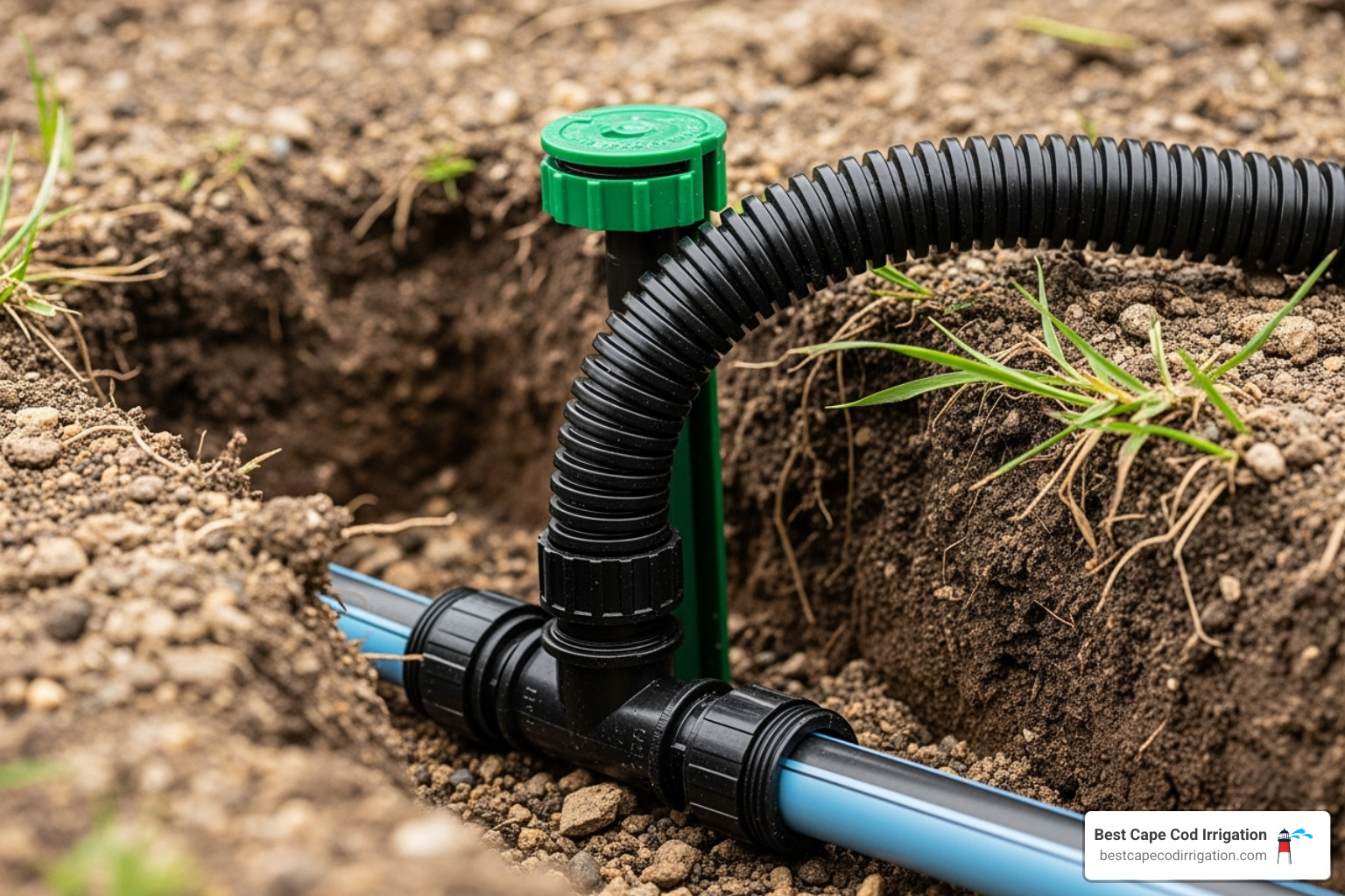 A close-up image of a pop-up sprinkler head being installed with flexible funny pipe, showing the connection to the main irrigation line. - irrigation pipe installation