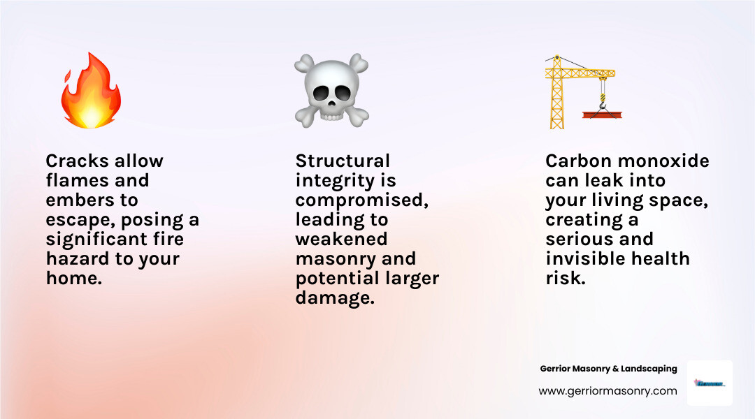 Infographic explaining the dangers of a cracked fireplace, showing how heat and embers can escape, and the risk of carbon monoxide - fireplace cement crack repair infographic 3_facts_emoji_light-gradient Infographic explaining the dangers of a cracked fireplace, showing how heat and embers can escape, and the risk of carbon monoxide - fireplace cement crack repair infographic 3_facts_emoji_light-gradient