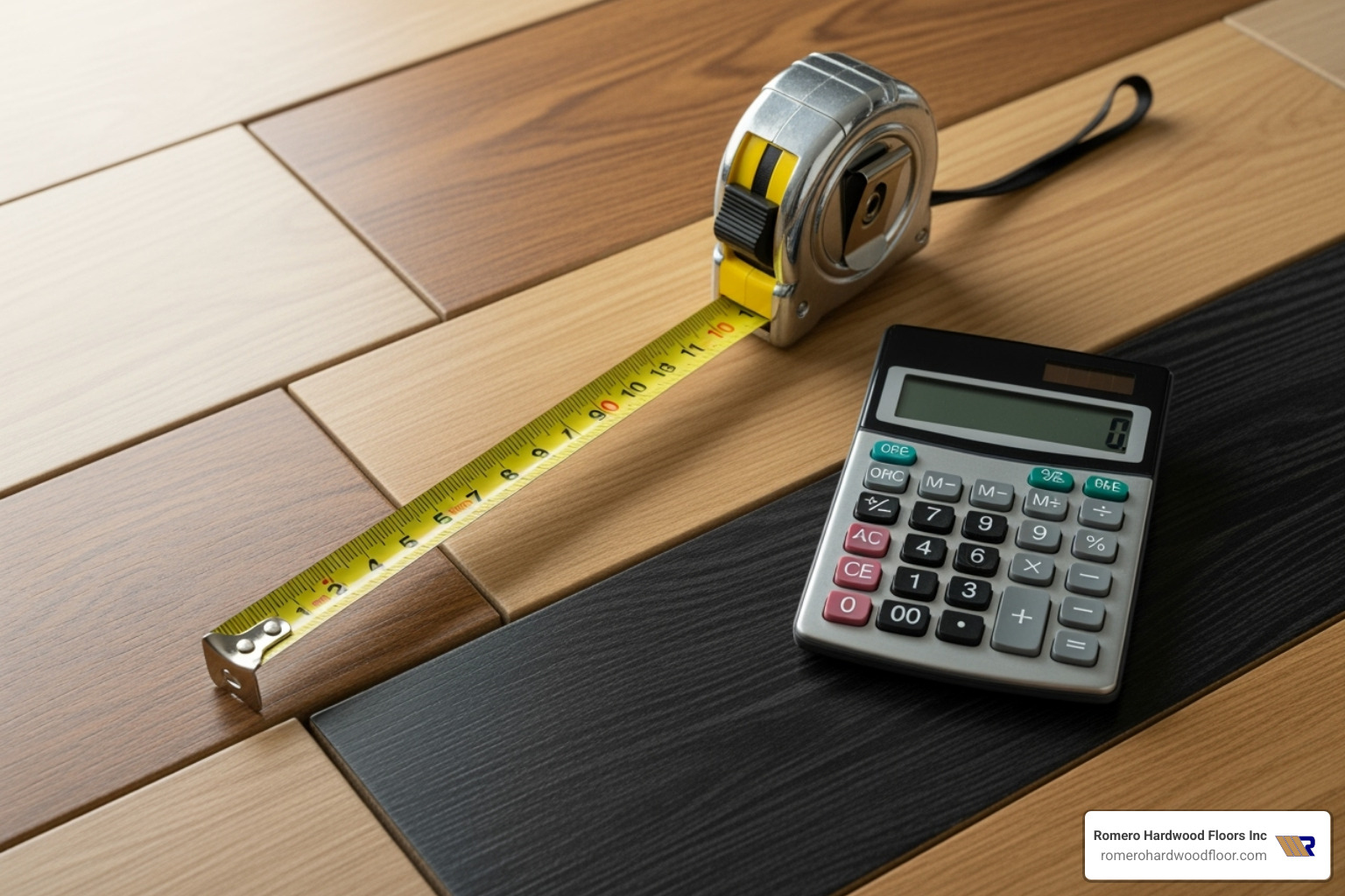 tape measure and calculator on top of laminate flooring samples - Laminate flooring cost estimate