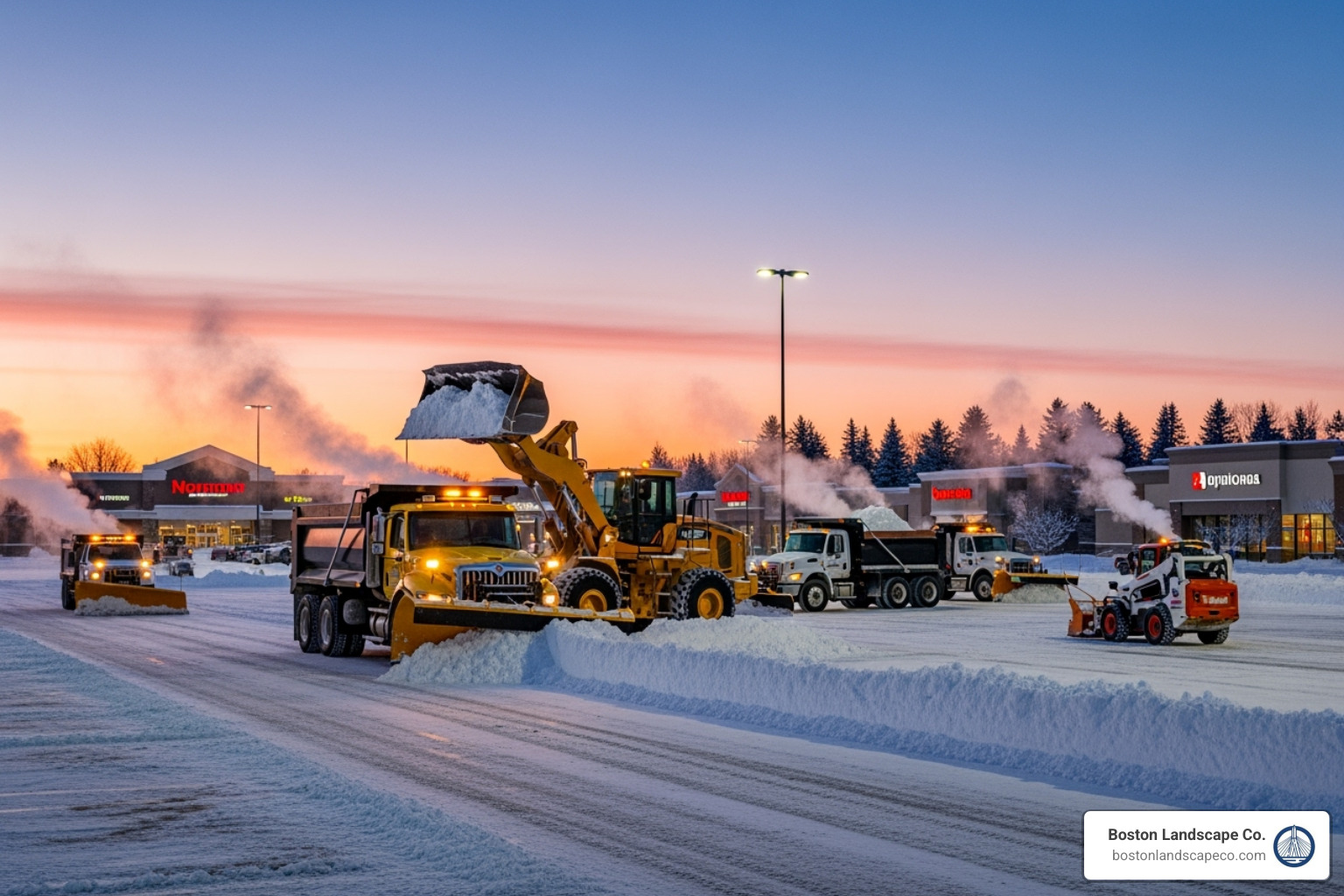 A large, modern snowplow clearing a vast commercial parking lot, emphasizing the scale and cost of commercial snow removal operations. - commercial snow removal contract A large, modern snowplow clearing a vast commercial parking lot, emphasizing the scale and cost of commercial snow removal operations. - commercial snow removal contract