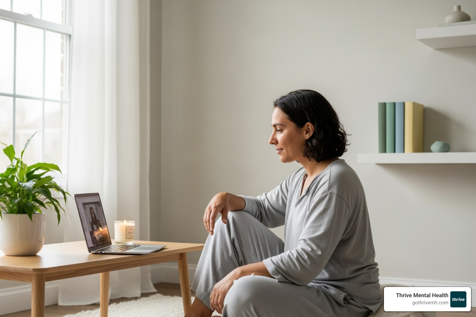 A person balancing work and a virtual therapy session on a laptop, demonstrating the flexibility of remote care - Intensive Outpatient Program