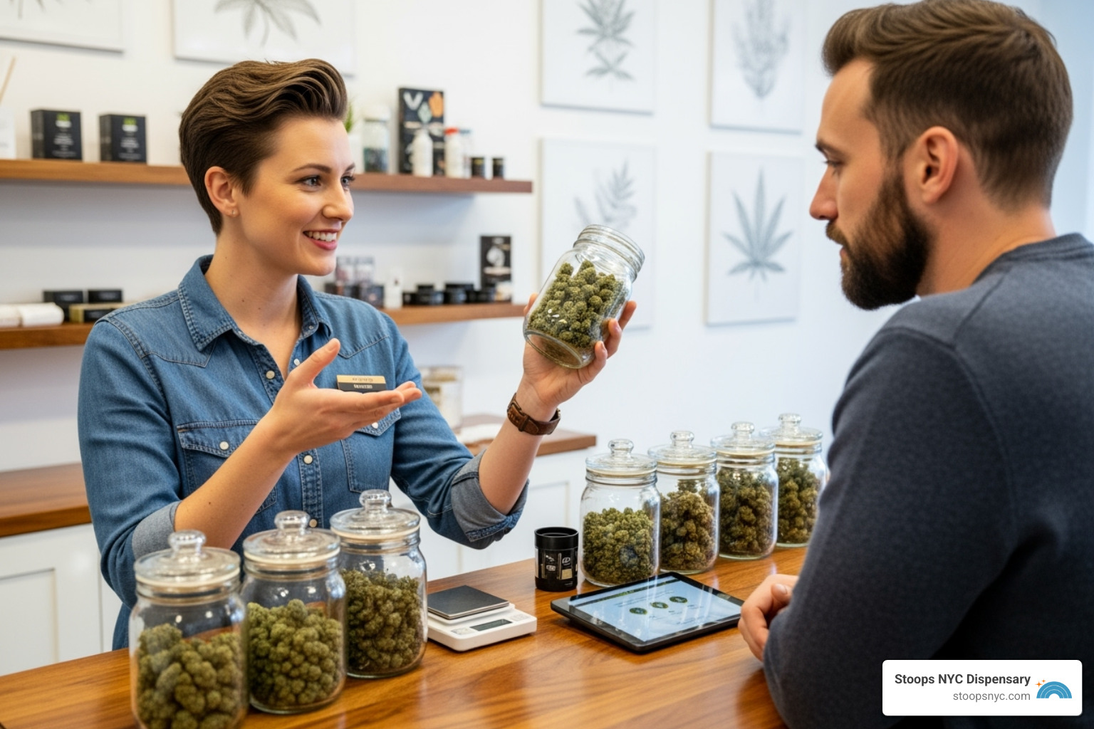 a friendly budtender helping a customer at a clean, modern counter. - dispensary near union square