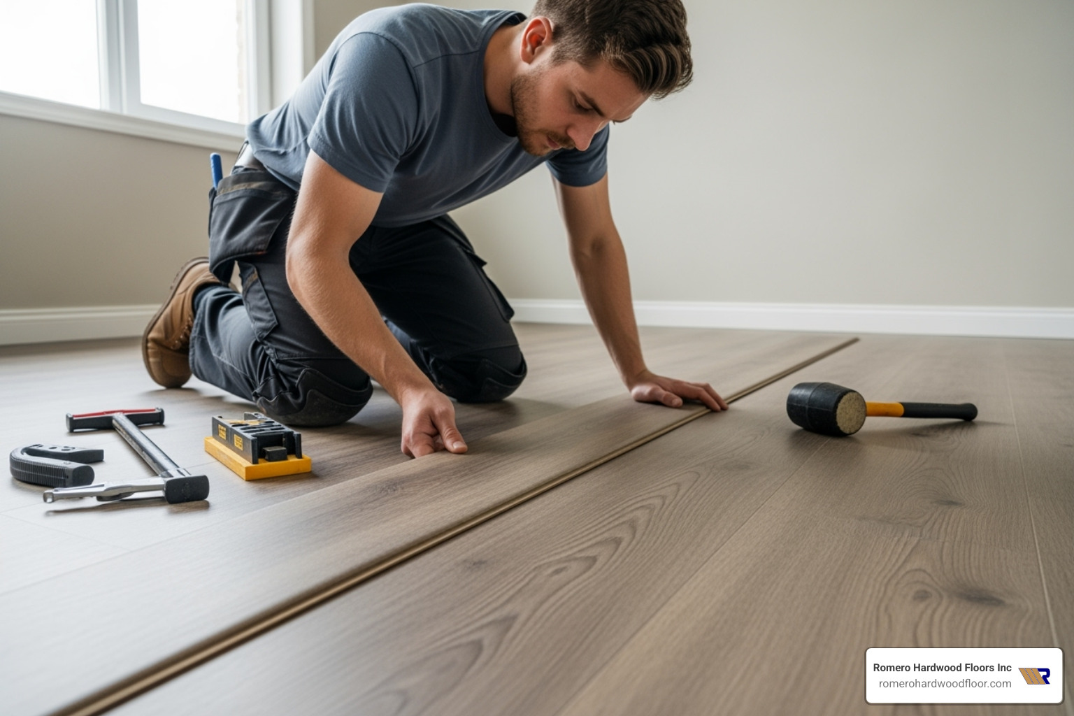 professional installer fitting a laminate plank - Laminate flooring cost estimate