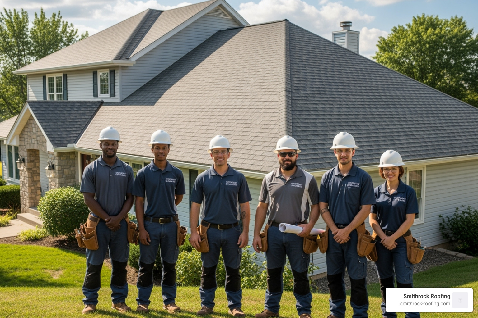 Smithrock Roofing team standing in front of a completed roofing project - roof replacement cost 2025