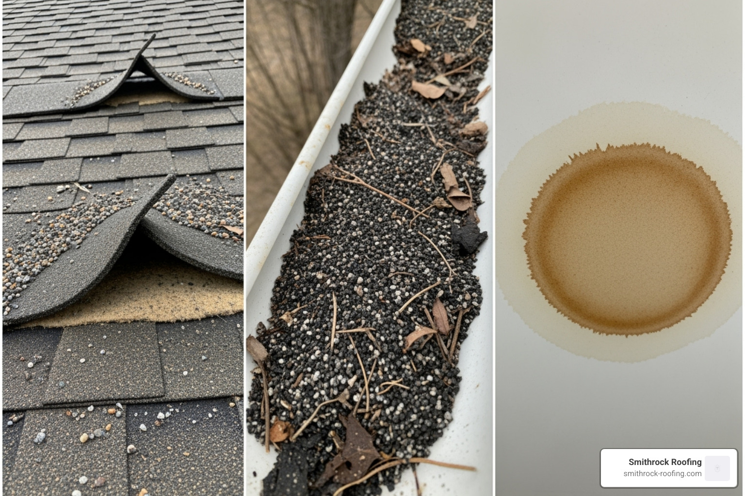 Clear signs of roof damage like curling shingles, granule loss in gutters, and a water stain on a ceiling. - roof replacement cost 2025