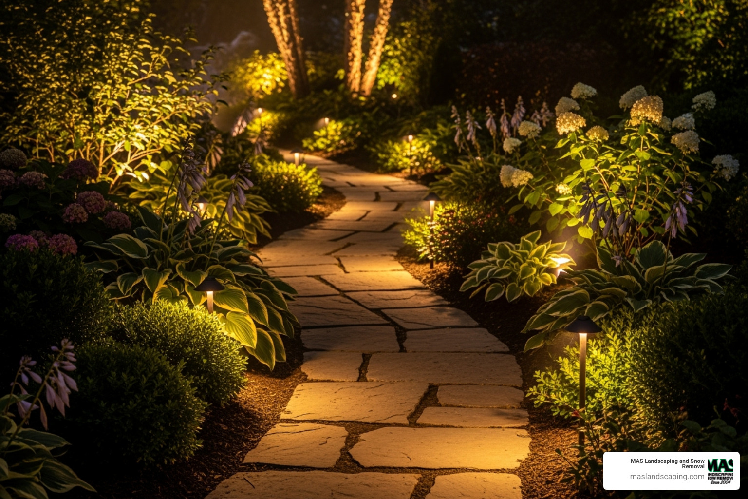 A beautifully lit garden path with accent lighting on shrubs. - landscape lighting services near me
