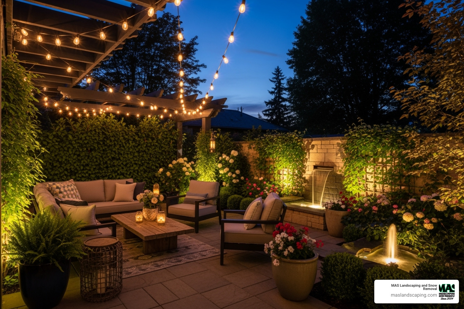 A well-lit patio and garden area creating a warm, inviting atmosphere. - landscape lighting services near me