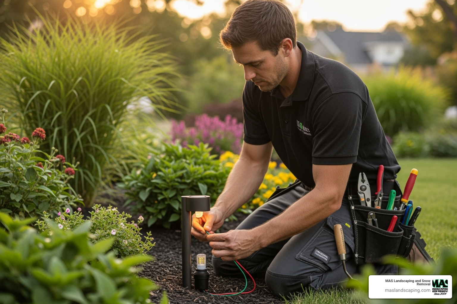 A professional technician installing a low-voltage landscape light. - landscape lighting services near me