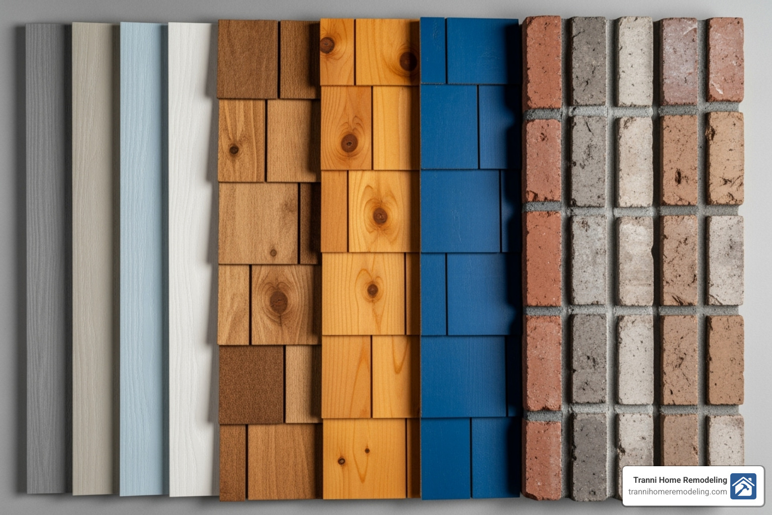 Various material swatches like vinyl siding, wood, and brick - 2 car garage addition