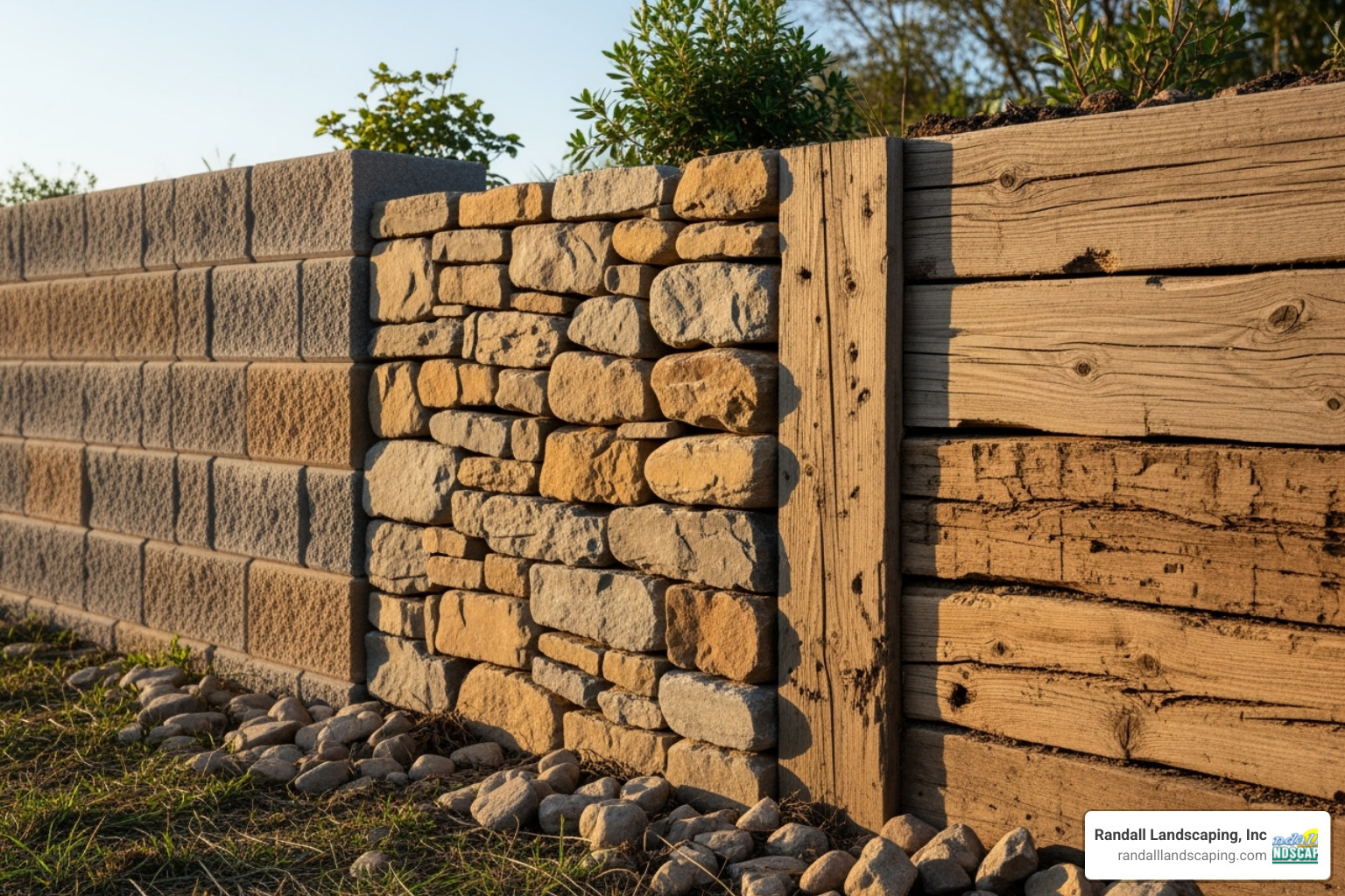 Various retaining wall materials side-by-side, including concrete blocks, natural stone, and timber. - quality retaining walls
