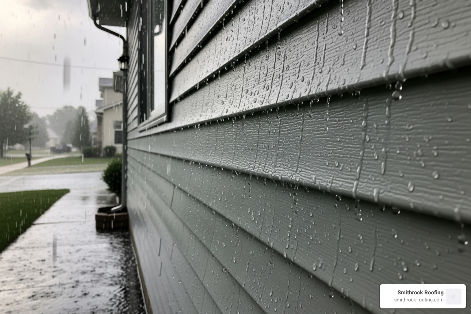 vinyl siding enduring a rainstorm, showing water beading off - vinyl siding and roofing