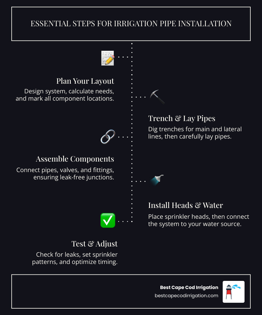 Infographic detailing the components of a residential irrigation system, including the controller, backflow preventer, main line, lateral lines, zone valves, and various types of sprinkler heads (e.g., pop-up sprays, rotors, drip emitters). - irrigation pipe installation infographic infographic-line-5-steps-dark