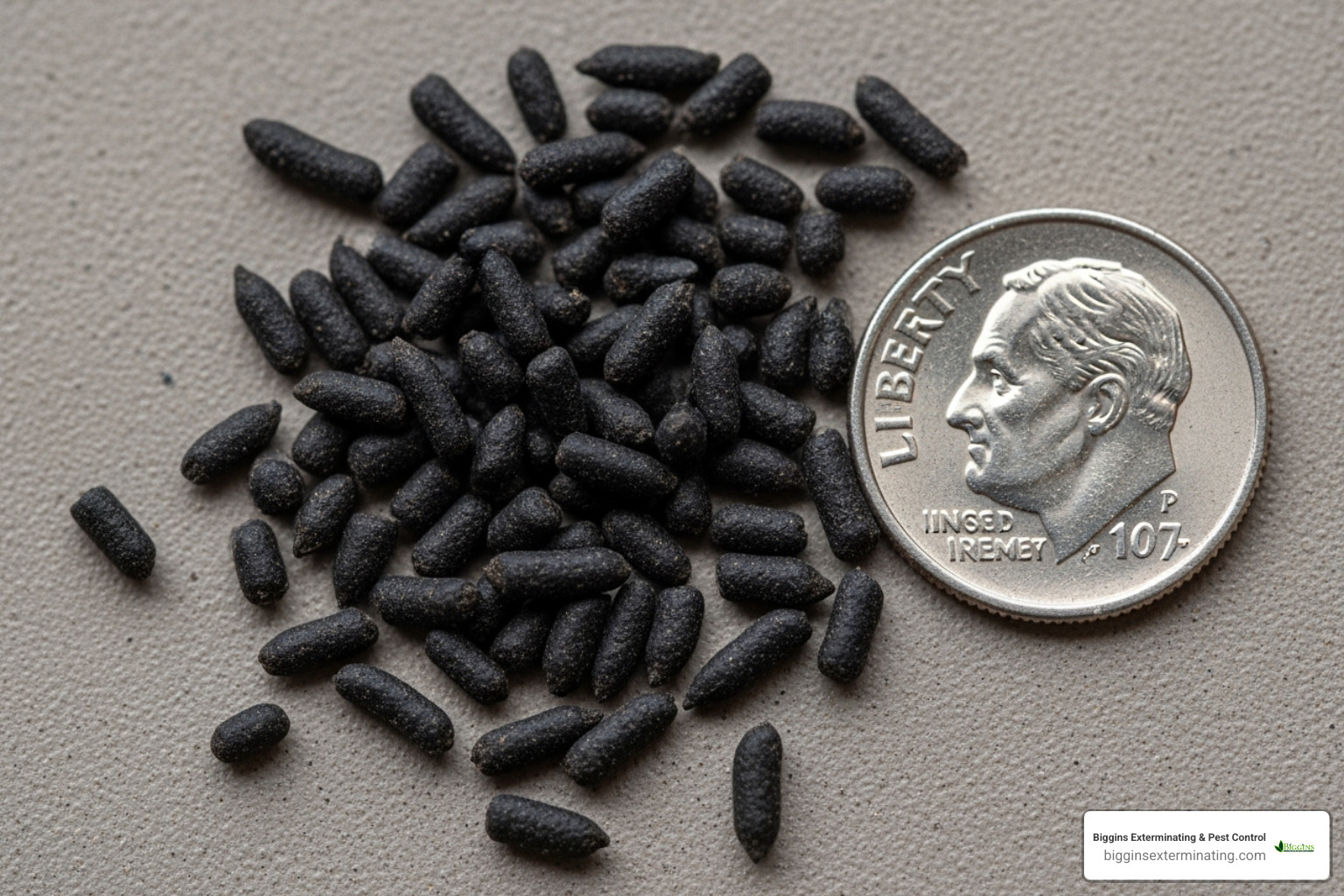 small, pellet-like mouse droppings next to a coin for scale - pest control for mice