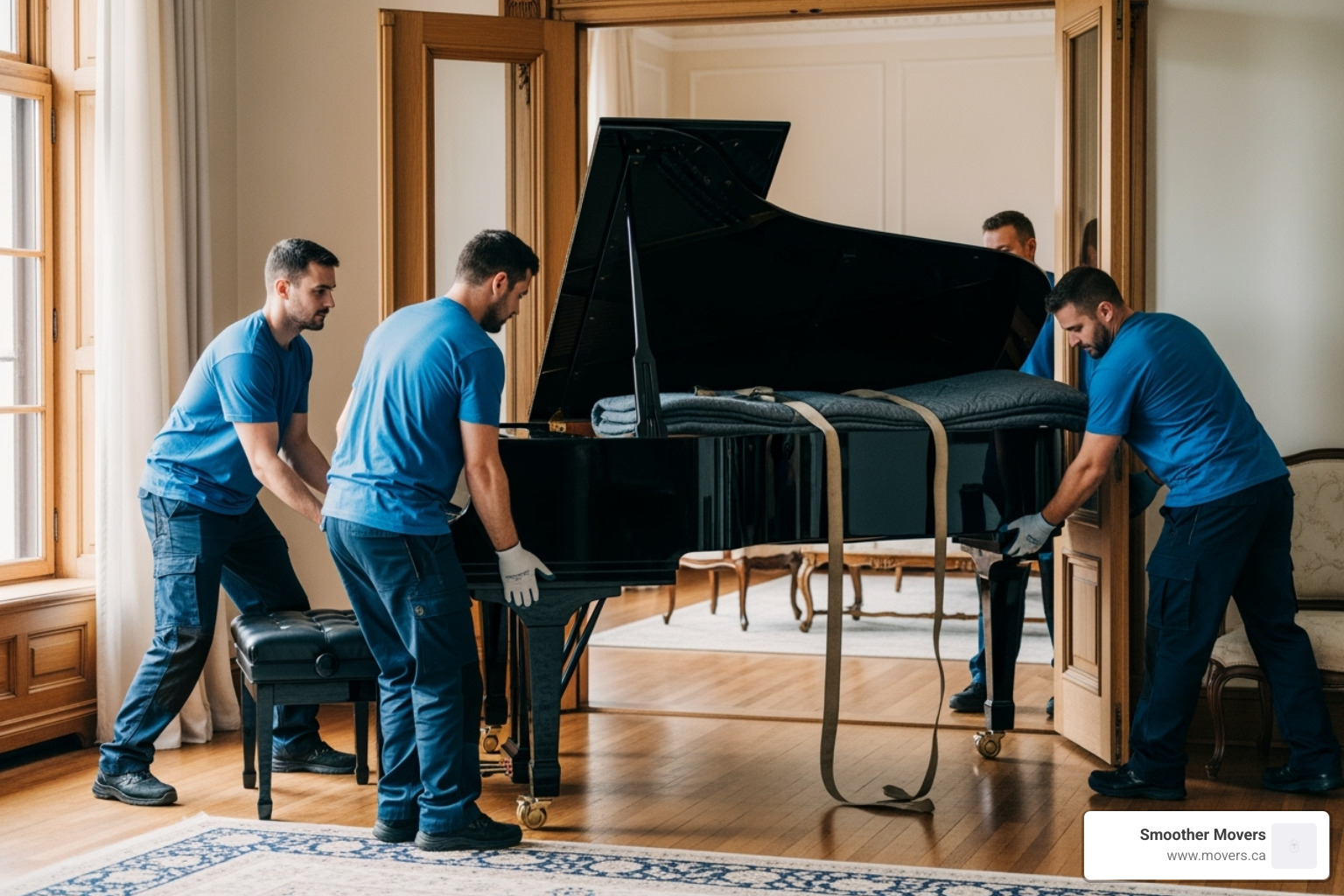 movers carefully handling a grand piano - moving companies vancouver bc