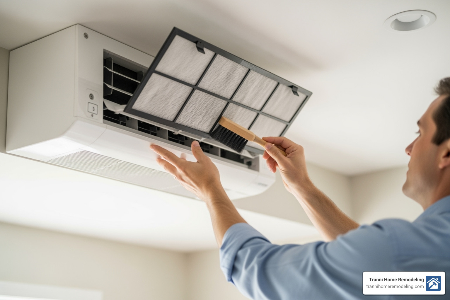 A person in a light-colored shirt is cleaning the filter of an indoor ductless mini-split unit, demonstrating routine maintenance. - ductless air conditioning system installation