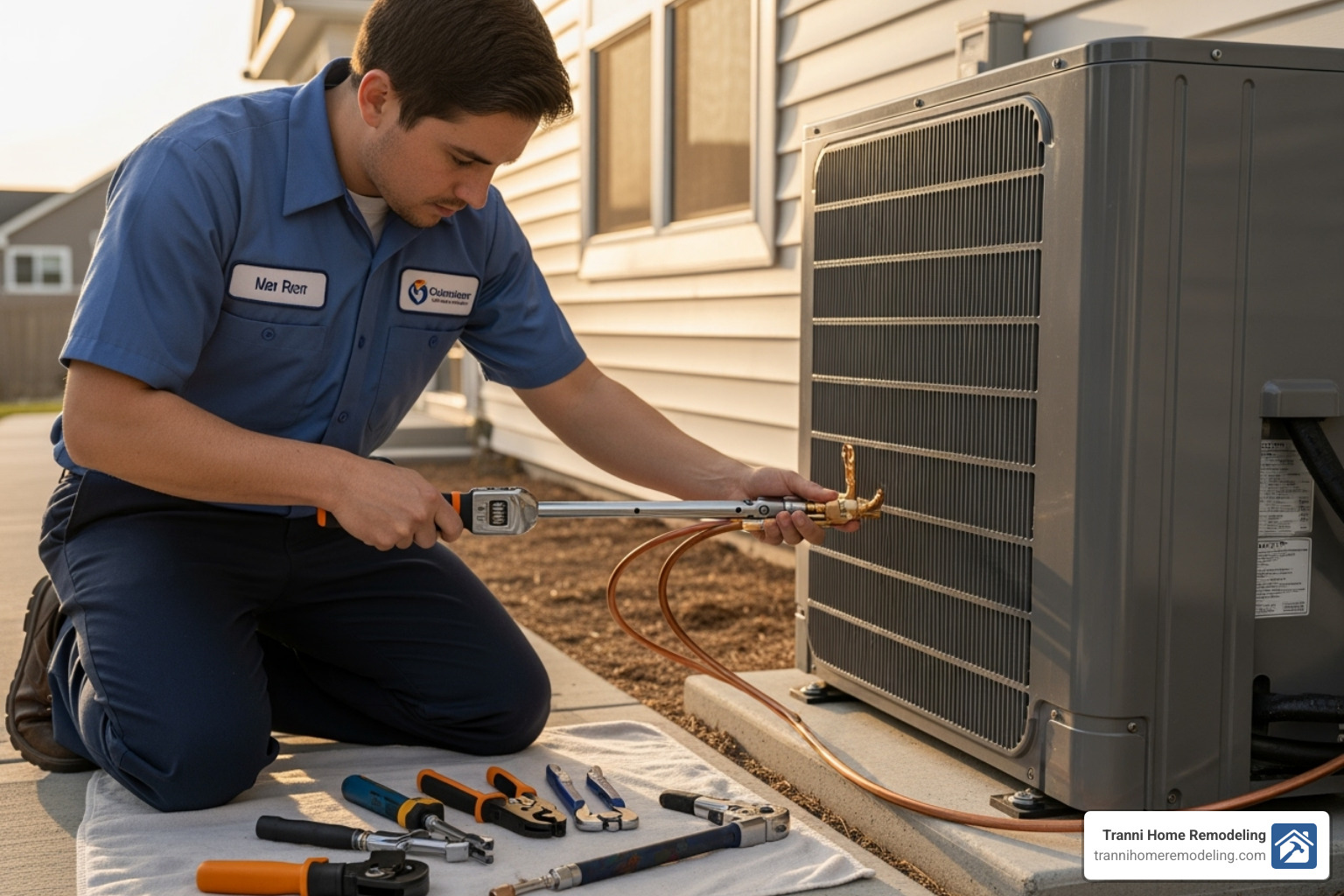 A certified HVAC technician in uniform carefully works on the outdoor condenser unit of a ductless mini-split system, connecting refrigerant lines with specialized tools. - ductless air conditioning system installation