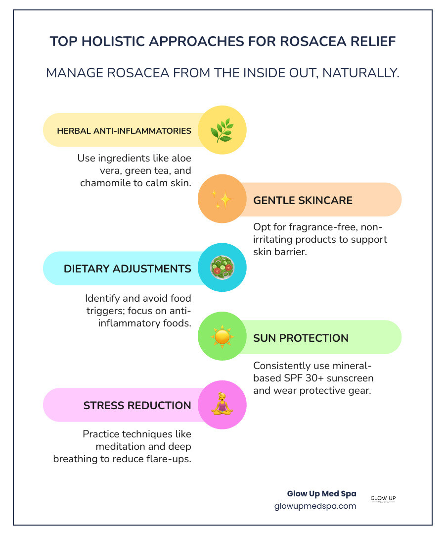 Infographic summarizing key holistic remedies for rosacea, including herbal anti-inflammatories, gentle skincare, dietary adjustments, sun protection, and stress reduction techniques. - holistic remedies for rosacea infographic infographic-line-5-steps-colors