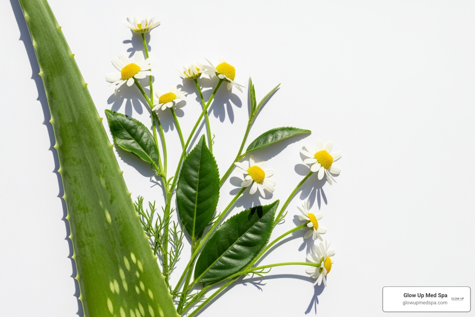 natural ingredients like an aloe vera leaf, chamomile flowers, and green tea leaves on a clean background - holistic remedies for rosacea