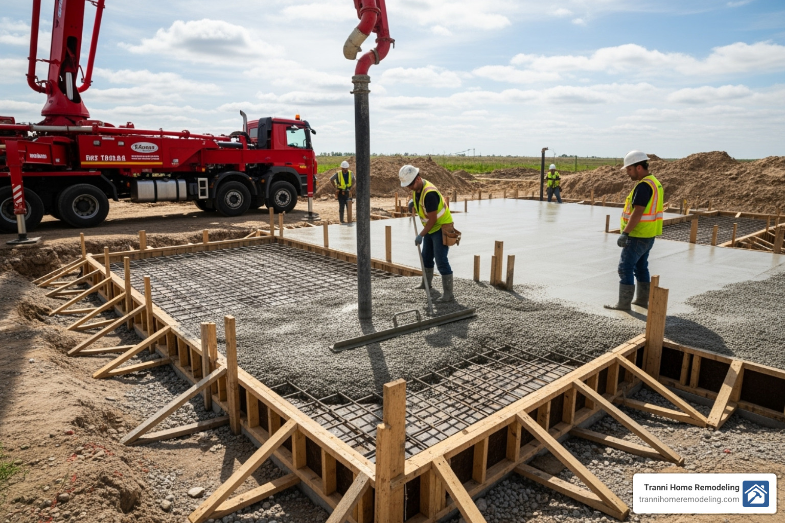 A concrete slab foundation being poured - 2 car garage addition