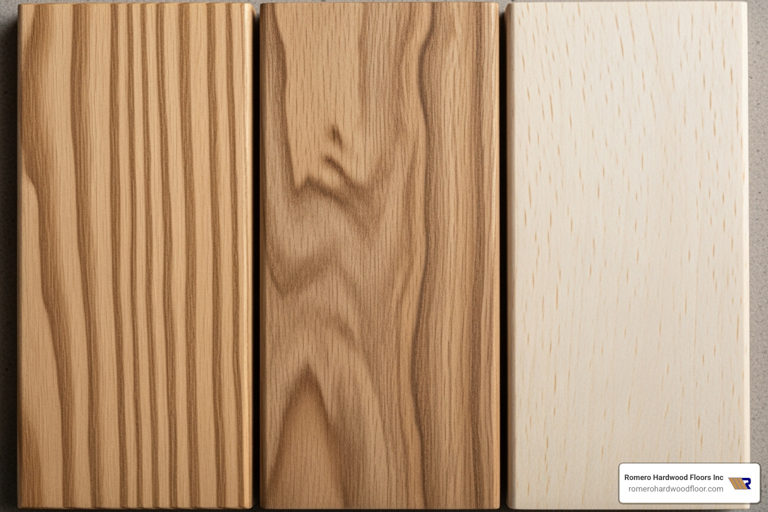 various wood species samples like White Oak, Hickory, and Maple - wide plank wood flooring
