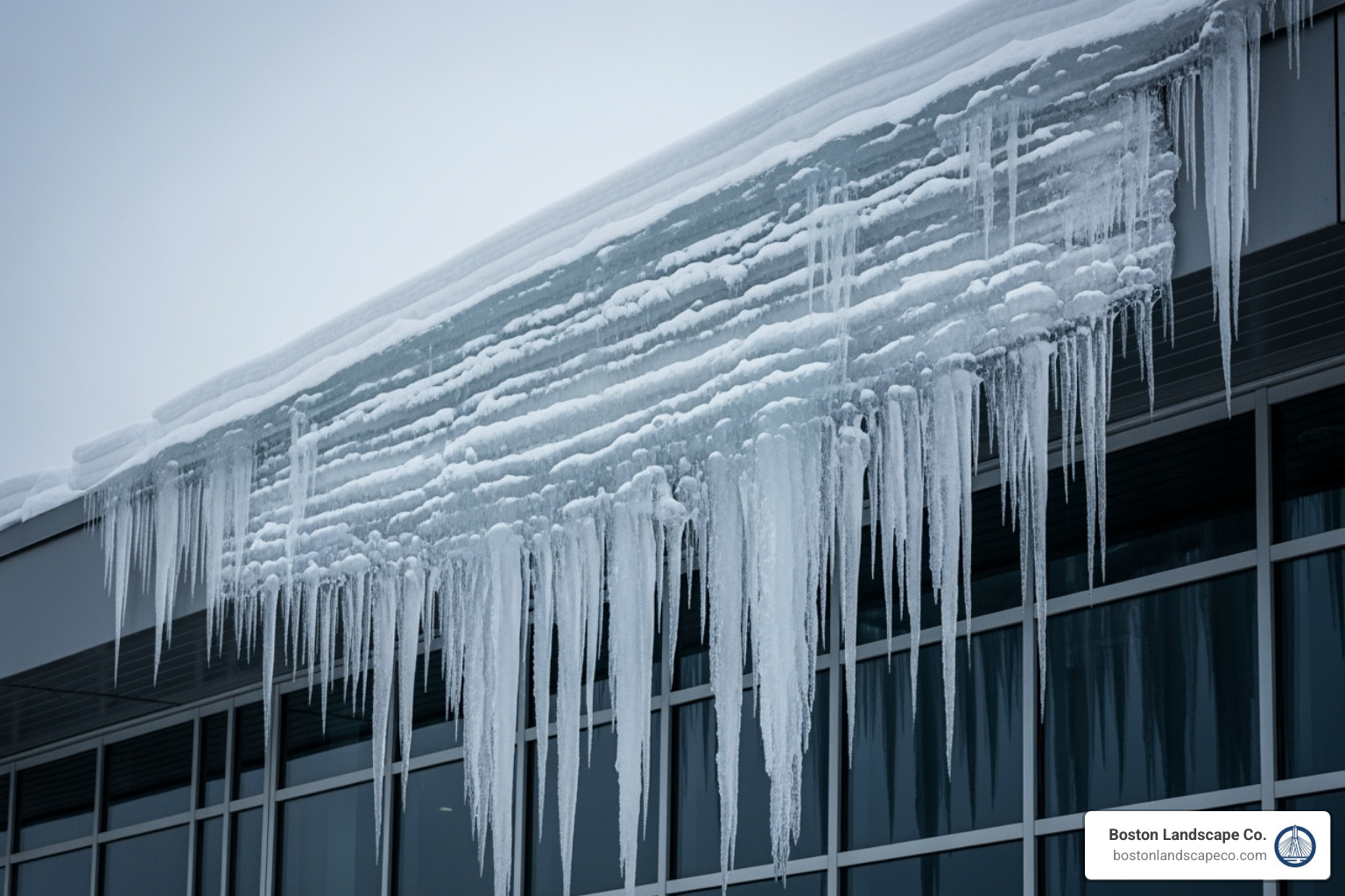 large ice dam with icicles hanging from a commercial building's eaves - ice dam removal service large ice dam with icicles hanging from a commercial building's eaves - ice dam removal service