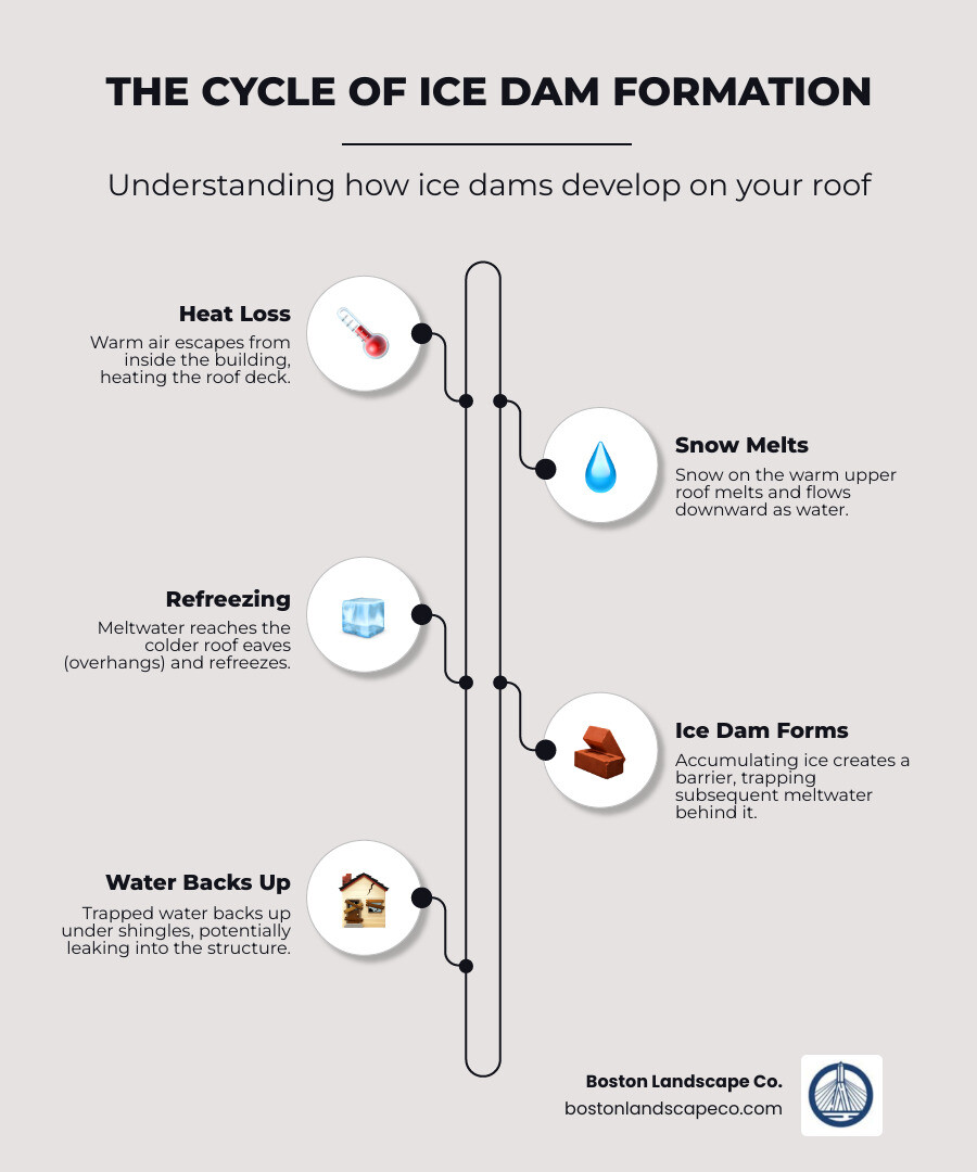 Infographic explaining the cycle of snow melt and ice dam formation on a roof - ice dam removal service infographic infographic-line-5-steps-neat_beige Infographic explaining the cycle of snow melt and ice dam formation on a roof - ice dam removal service infographic infographic-line-5-steps-neat_beige