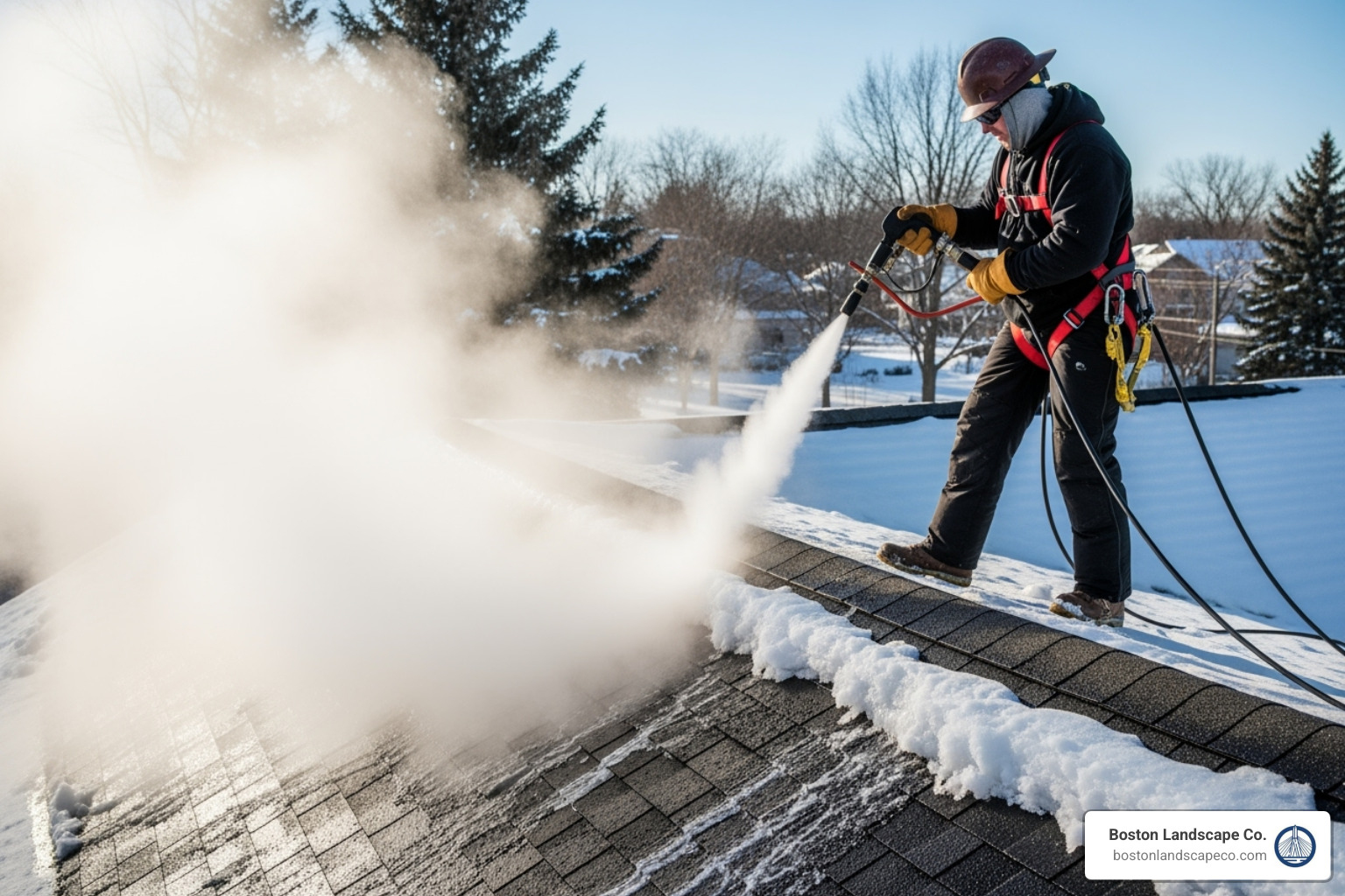professional using a steamer to safely remove an ice dam from a roof - ice dam removal service professional using a steamer to safely remove an ice dam from a roof - ice dam removal service