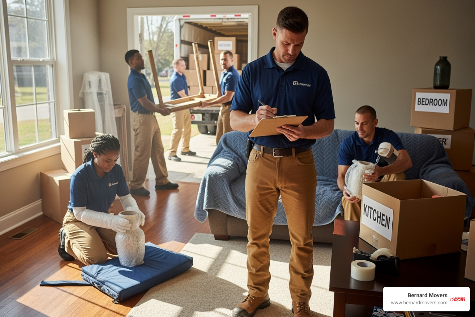 Bernard Movers team checking a list on a clipboard - reasonable moving services