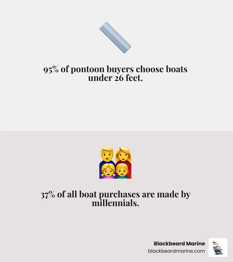 Infographic showing pontoon boat popularity growth from 2020-2025, featuring key statistics like 95% of buyers choosing boats under 26 feet, 37% millennial buyers, and top features including seating capacity for 8-14 people, stable platform design, fishing amenities, and watersports capabilities - Best pontoon boats 2023 infographic 2_facts_emoji_grey