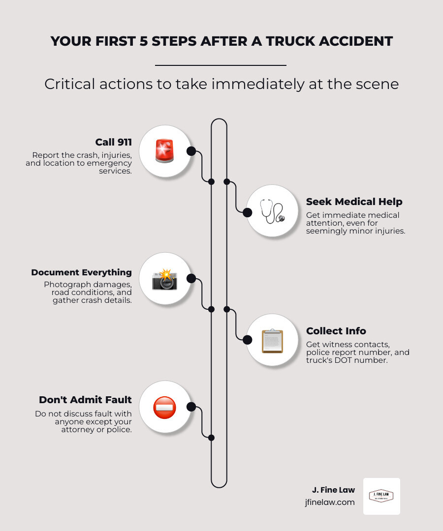 Infografía que muestra 5 pasos inmediatos a seguir después de un accidente de camión: Llame al 911, busque atención médica, documente la escena, obtenga información de contacto, no admita la culpa: infografía de abogados para accidentes de camiones 5-steps-neat_beige