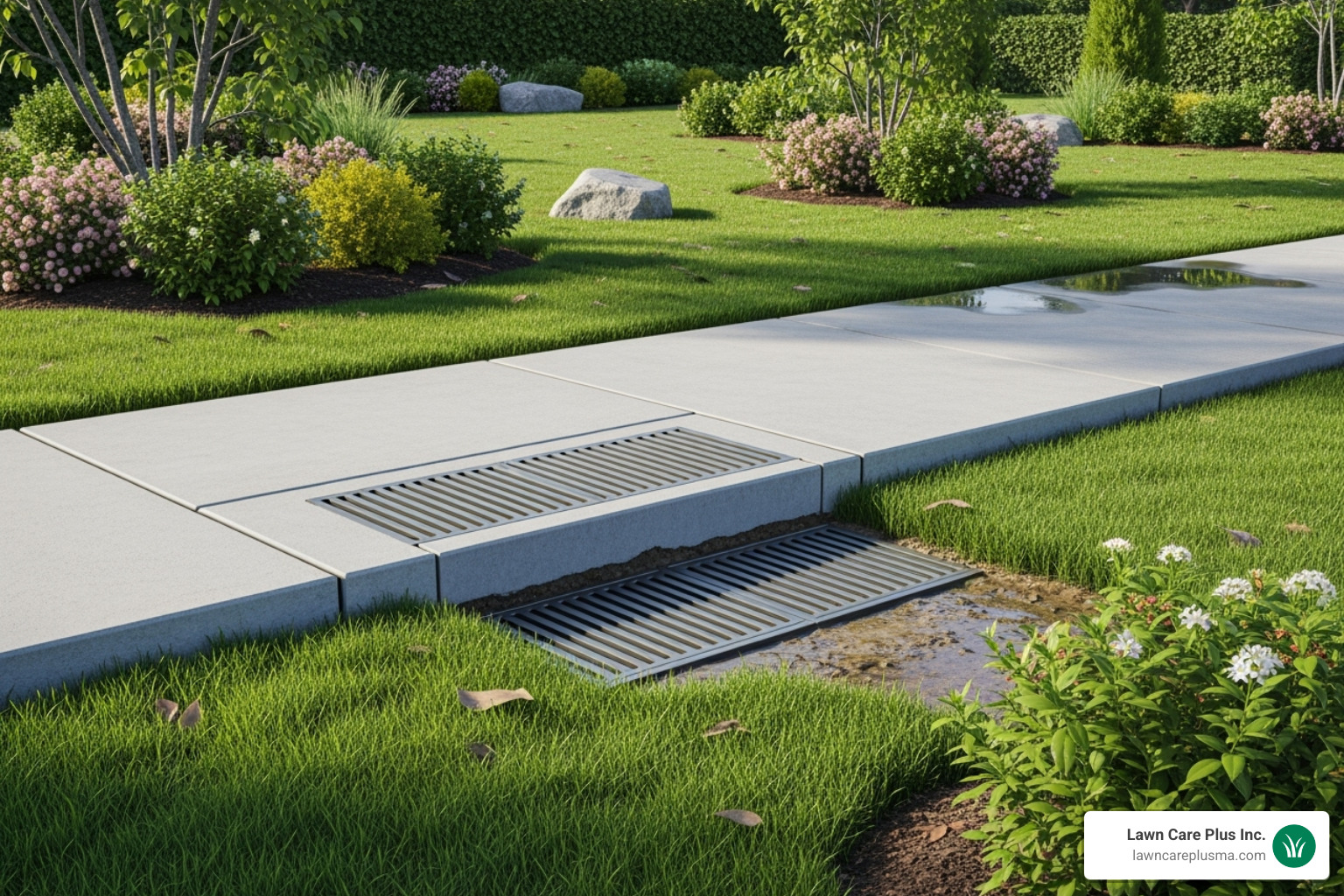 finished installation with the landscape restored - french drain under sidewalk