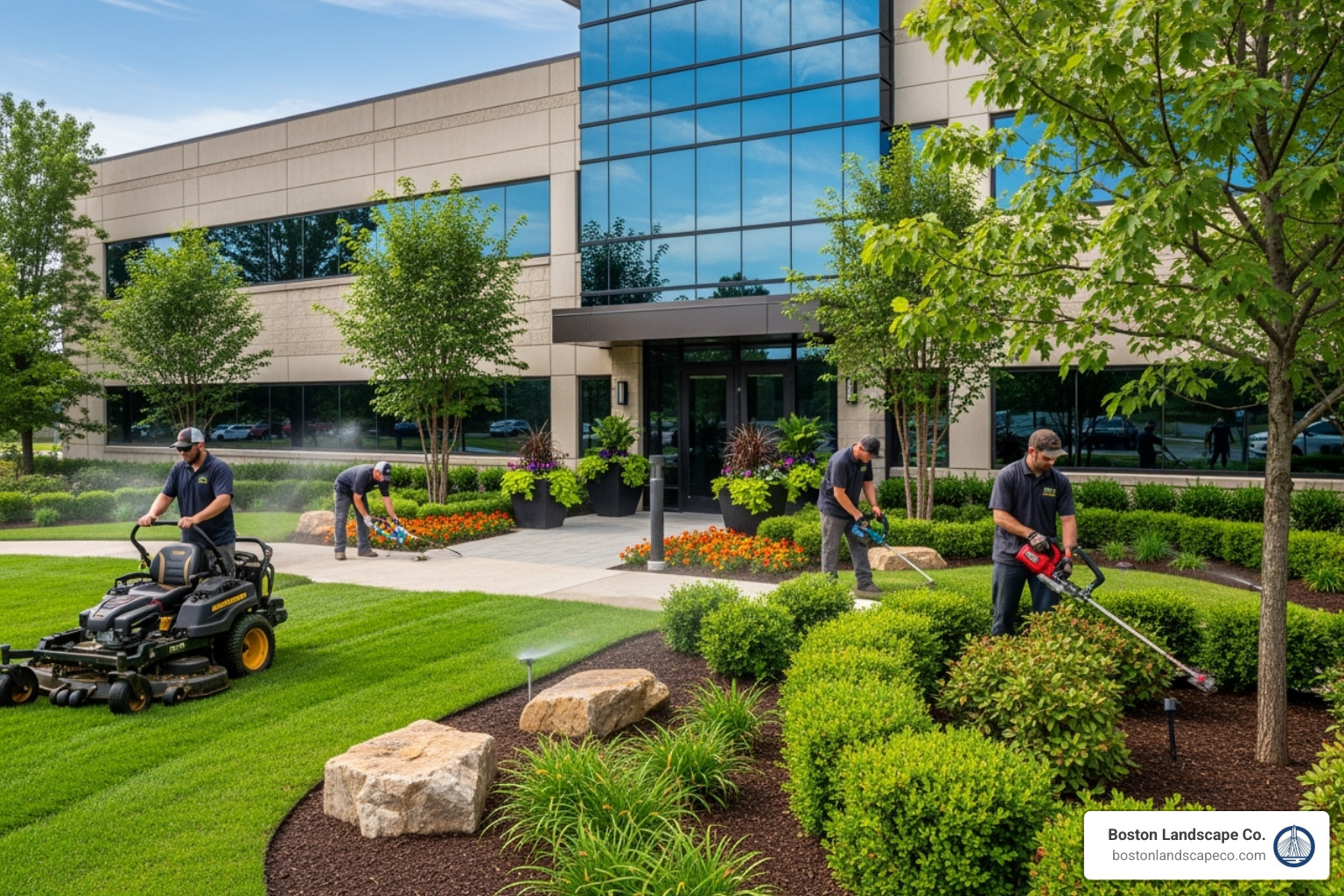 A landscaping team reviewing a site plan on a tablet - commercial landscape contracts A landscaping team reviewing a site plan on a tablet - commercial landscape contracts