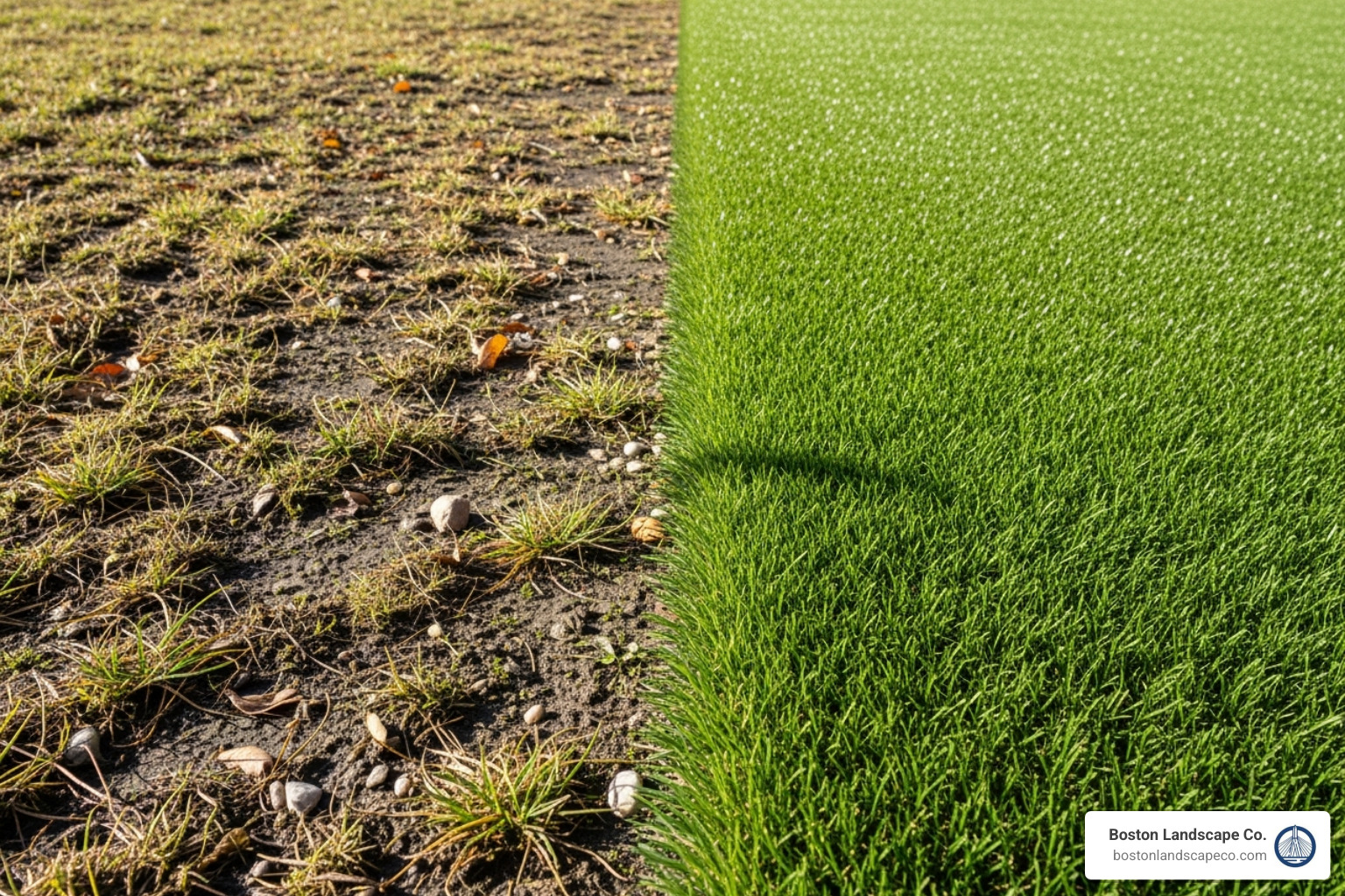 a pristine artificial lawn next to a patchy, muddy natural lawn - artificial turf for dog a pristine artificial lawn next to a patchy, muddy natural lawn - artificial turf for dog