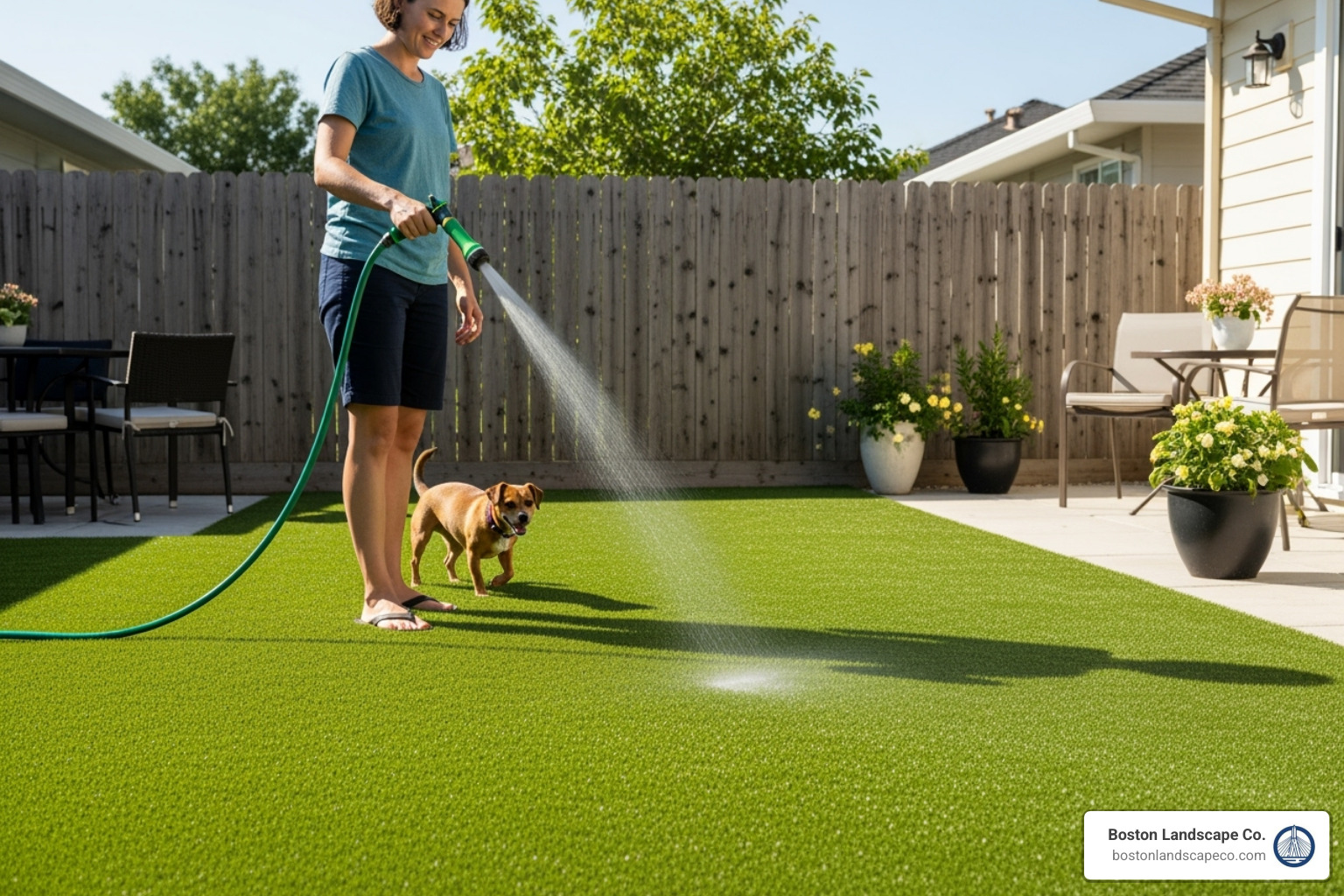 a homeowner easily hosing down their artificial turf - artificial turf for dog a homeowner easily hosing down their artificial turf - artificial turf for dog