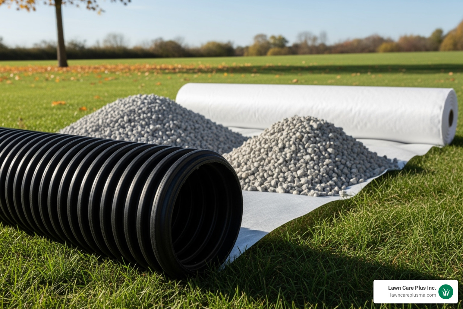 drainage materials like perforated pipe, gravel, and filter fabric laid out on a lawn - french drain under sidewalk