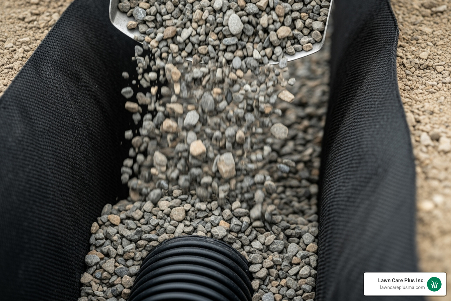 gravel being poured over the pipe inside the fabric-lined trench - french drain under sidewalk
