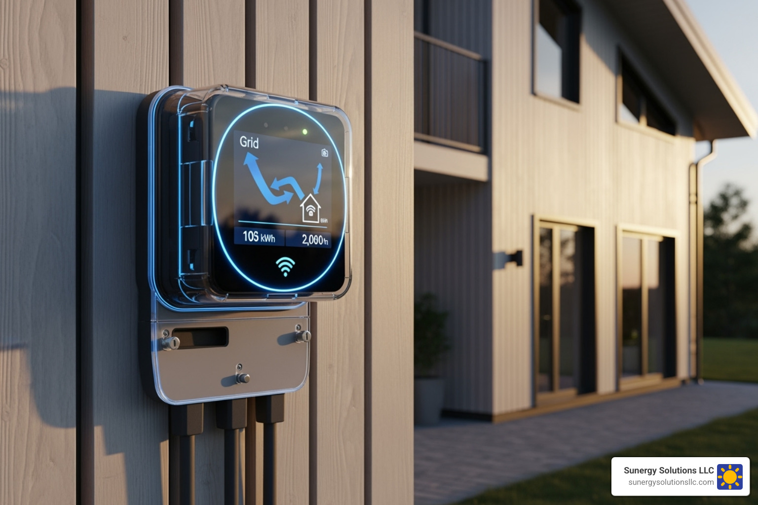 A modern smart electric meter on the side of a house, indicating energy flow. - ma solar incentives A modern smart electric meter on the side of a house, indicating energy flow. - ma solar incentives