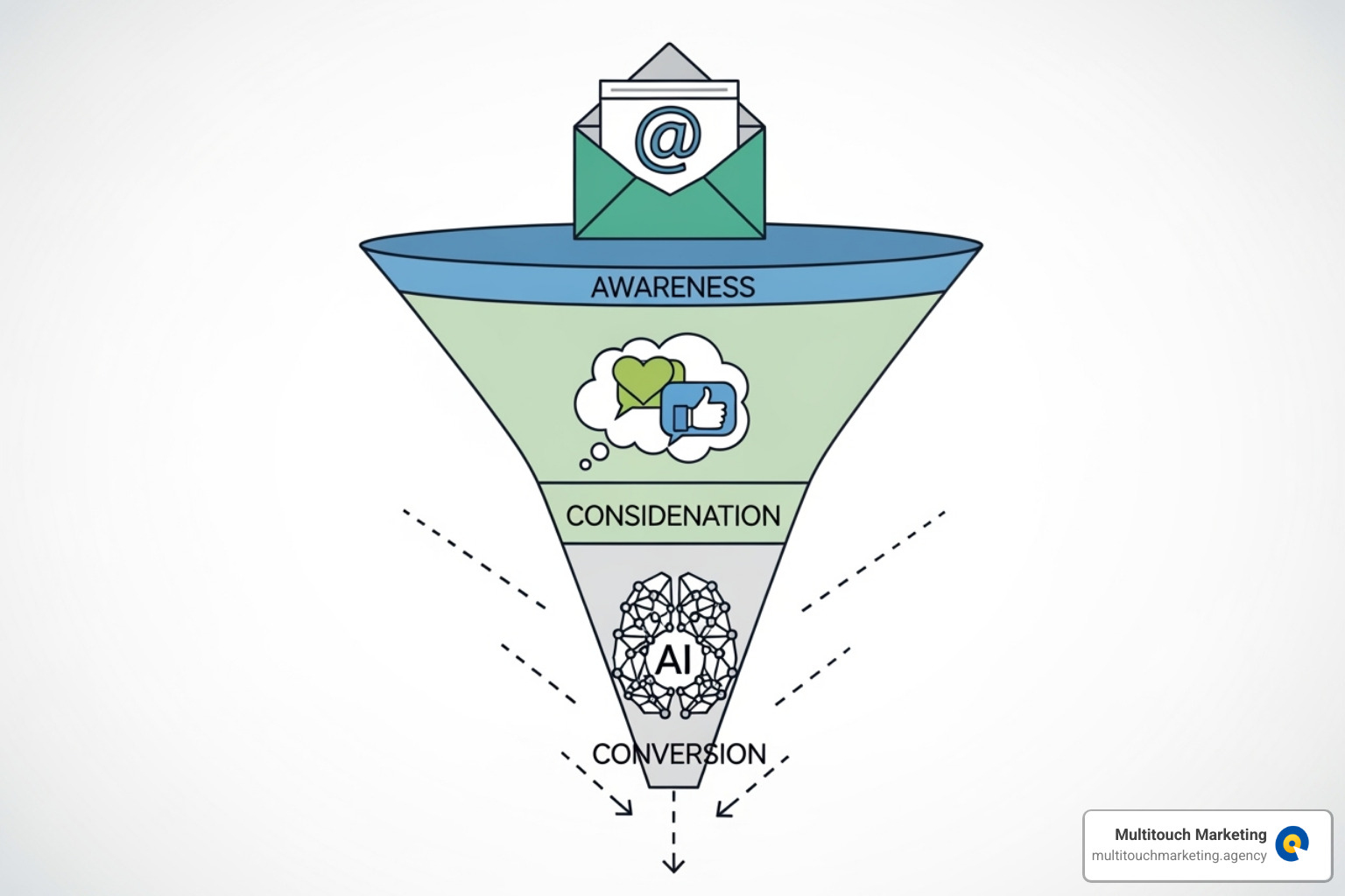 marketing funnel with icons for email, social media, and AI - website management tools