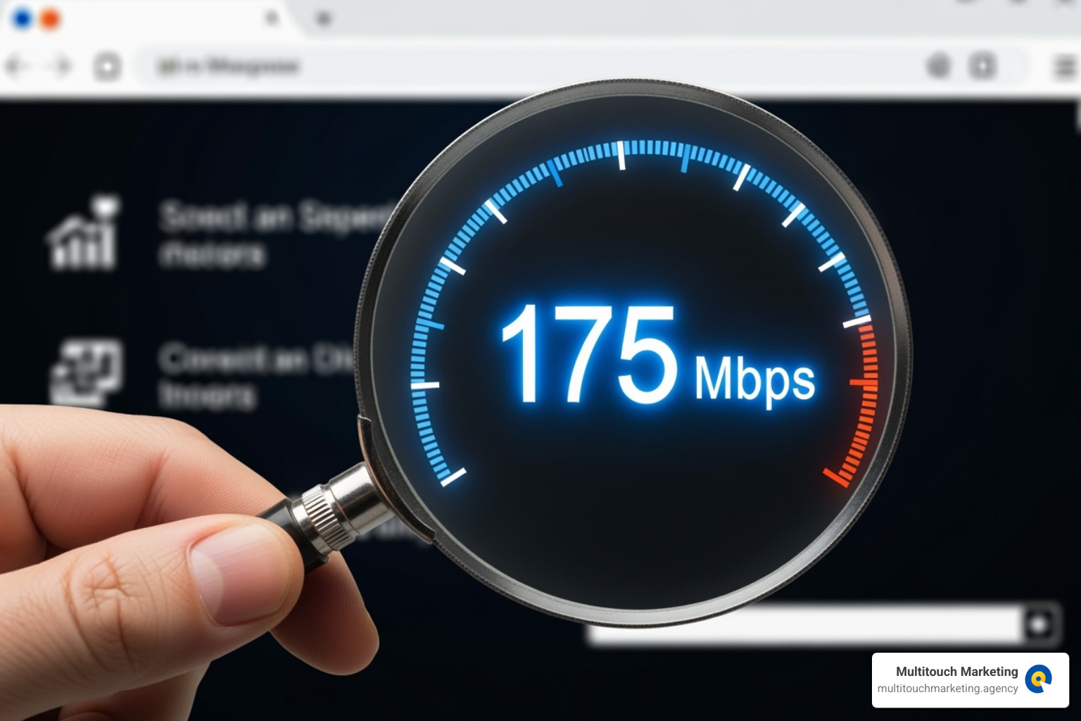 magnifying glass over a website speed gauge - website management tools